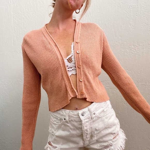 Vintage 90s/Y2K Coral Orange Ribbed Knit Crop Cardigan Sweater - Picture 2 of 5